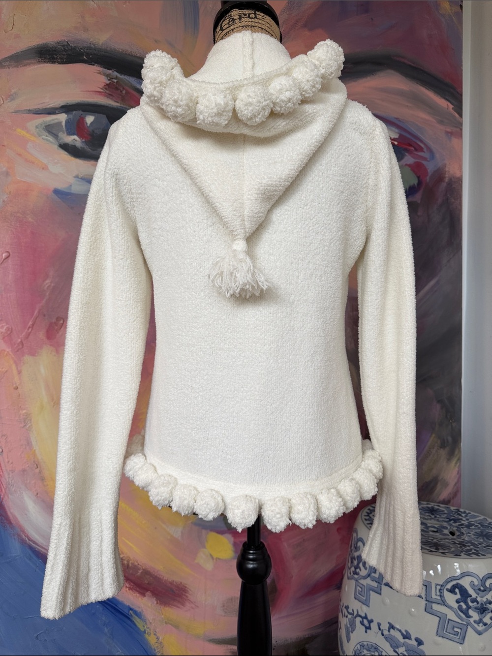 GAP Girl’s XXL Cream Bouclé Hooded Jacket with Pom Trim